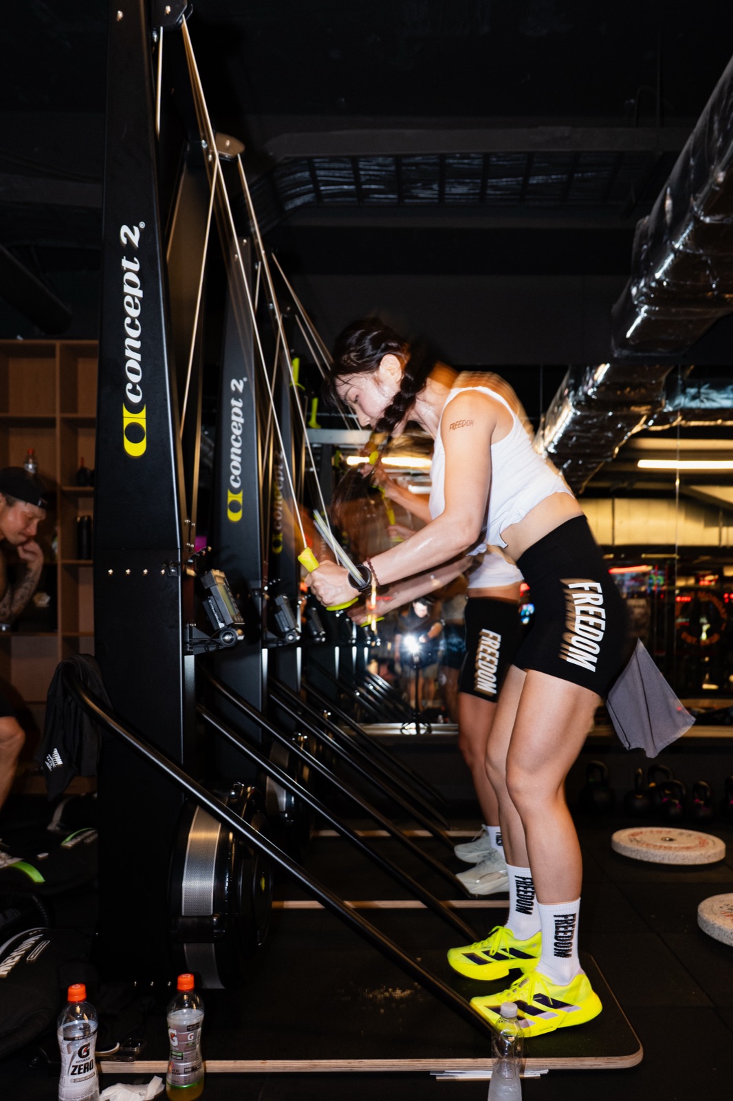Athlete pulling the Concept2 SkiErg during the SWEAT MONDAY HYROX-style circuit